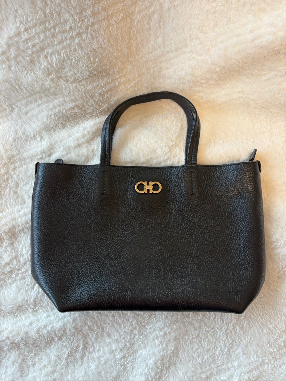Salvatore Ferragamo Black Leather Top-Handle Tote with Gold Accent